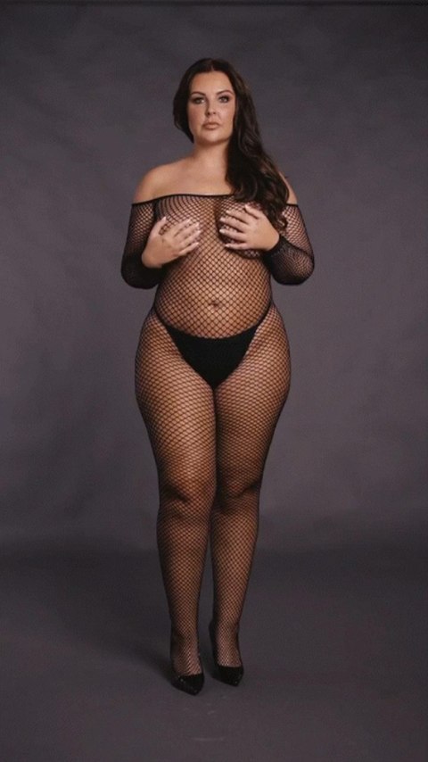 Bodystocking with off shoulder neckline, fishnet structure and open crotch. Bodystocking with off shoulder neckline, fishnet structure and open crotch.