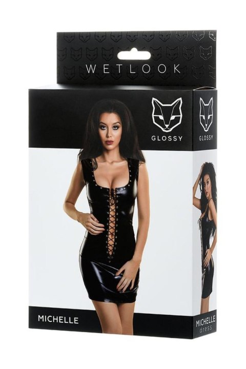 Glossy Shiny Wetlook dress with a lace MICHELLE - black XL Glossy Shiny Wetlook dress with a lace MICHELLE - black XL
