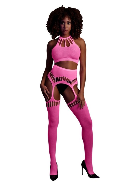 Two Piece with Crop Top and Stockings - Pink - XS/XL Two Piece with Crop Top and Stockings - Pink - XS/XL