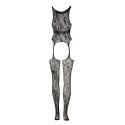 Lace Suspender Bodystocking with Round Neck - One Size